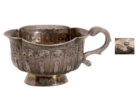 Lateral handles and lobed sections, height 4 cm, weight 35 g, "84" standard guarantee, Moscow 1799, silversmith probably Sazi