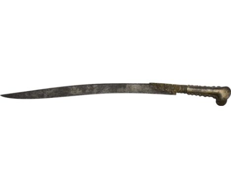 Typical, downwardly curved blade with reinforced back, both faces with silver-inlaid ornaments and inscriptions in Arabic cal