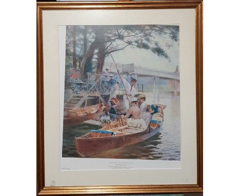 A print after Hector Caffieri, "Cookham: The boating party", glazed and framed (60x50 cm).