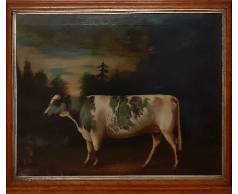 An antique 19th Century Prize Cow portrait in a landscape, label verso 'John E. Ledbetter Ldt, Dublin', framed, (62x75 cm).