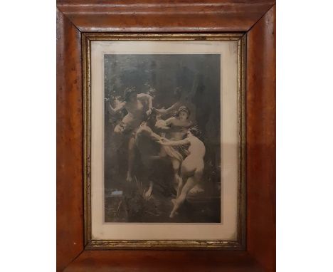 A print after W.A Bouguereau, "Nymphs and Satyr", framed and glazed, (39x34.5 cm).
