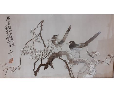 A pair of Vintage Chinese silk embroideries with birds, signed, framed and glazed, (43x68.5 cm). (2)