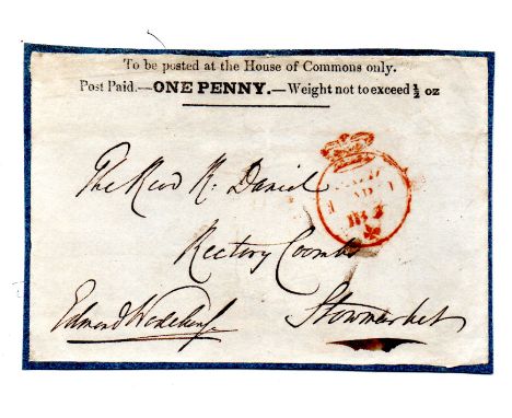 GB Postal History printed ‘ To Be Posted at the House of Commons Only- Post Paid ONE PENNY- weight not to exceed ½ oz’ front 