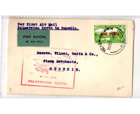 New Zealand 1931 Early internal Air Mail per First Airmail Palmerson North to Dunedin, illustrated with boxed cachet in red s