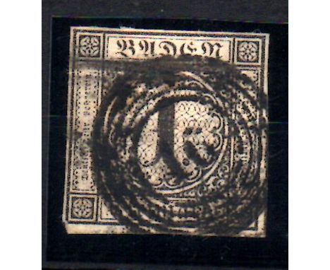 German States. Baden. 1851 imperf 1K black on buff. Used. SG1. Cat £1,300.00 4 clear margins, touching at bottom left corner.
