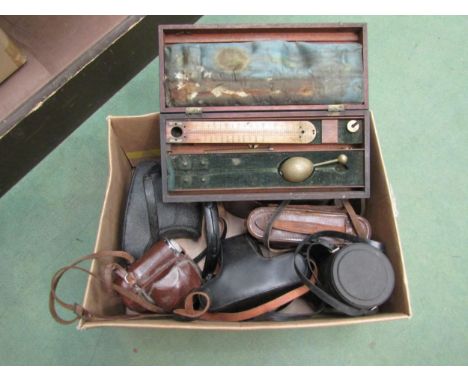 A box of vintage cameras including Rolleiflex SL35M and Zeiss Ikon Compur.  Also an early 19th Century cased hydrometer (Lond