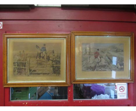 Two prints depicting horse riding, both have maple frames and gilt slips, 45cm x 63cm and 38cm x 58cm image sizes together wi