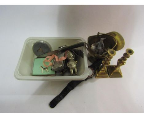 A selection of curiosities including miniature brass candlestick, coal scuttle, watches, compacts, etc 