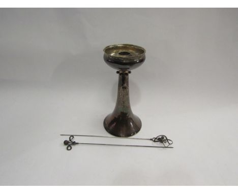 An Arts &amp; Crafts silver William Hutton &amp; Sons Ltd hammered candlestick, London, 1902 (17.75cm high, dented) together 