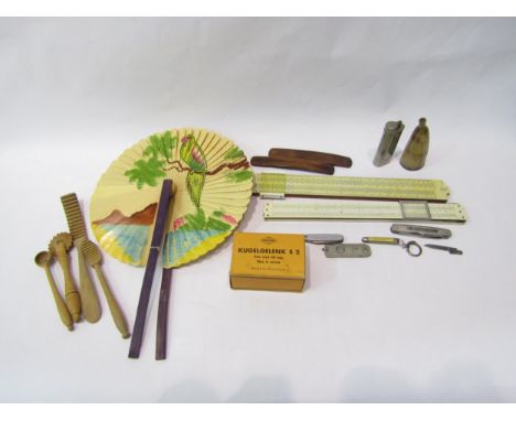 Two cased slide rules, a hand-painted fan, wooden kitchen utensils, horn powder flask a/f, two bone items, four penknives, et