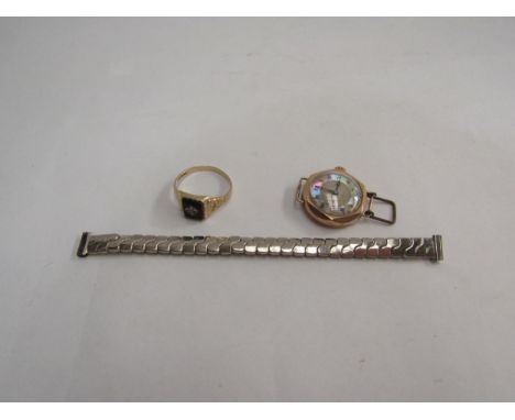 A 9ct gold signet ring and 9ct gold watch case with associated bracelet (2) 