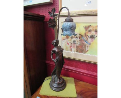 A vintage table lamp in the form of an Art Deco style bronzed lady and with a mottled blue glass lamp shade, height 70cm 