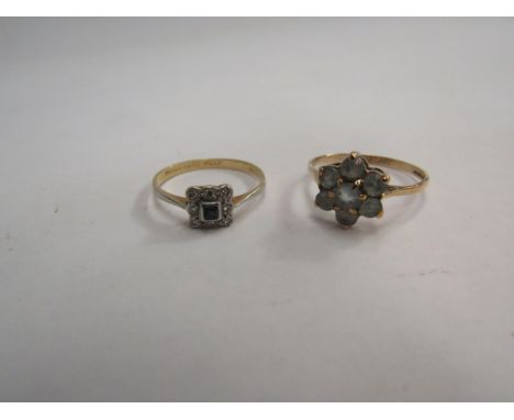 An 18ct gold and platinum , sapphire and diamond chip ring and 9ct gold floral gem set ring (2) 