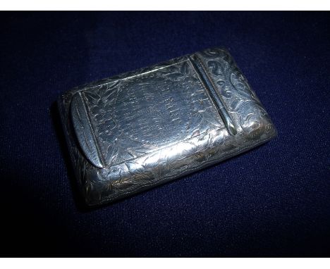 Birmingham 1899 semi concave snuff box with hinged lid revealing gilt interior with engraved floral detail and panel inscribe