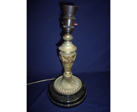 Victorian brass table lamp with regency urn shaped column on turned ceramic base, converted to electric (30cm high)