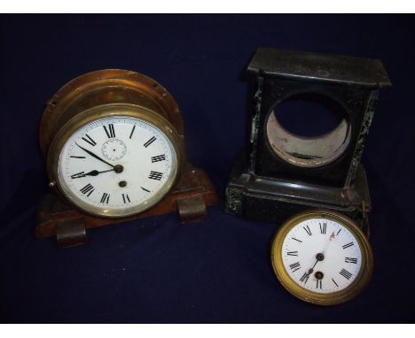 Brass cased bulk head style wall clock with enamel dial, with carved oak stand and a Victorian slate cased mantel clock with 