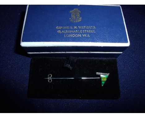 Boxed silver & enamel Member of Parliaments flag shaped tie pin with a House of Commons emblem in Captain O.M. Watts Ltd 49 A