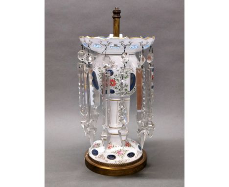 An impressive Bohemian painted and cut glass lustre table lamp base with gilt metal base, H. 42cm.