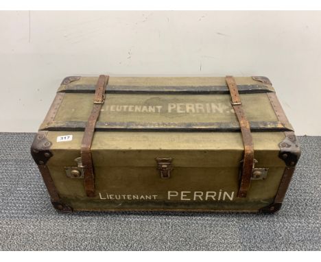 A vintage wood and canvas covered military chest for Lieutenant Perrin, 35 x 69 x 27cm.