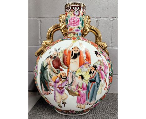 A very large Chinese hand painted and gilt porcelain moon flask, H. 62cm.