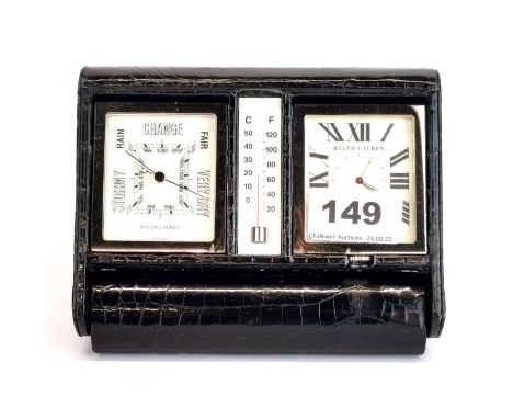 A Ralph Lauren crocodile skin covered travelling clock, barometer and thermometer, W. 15cm.