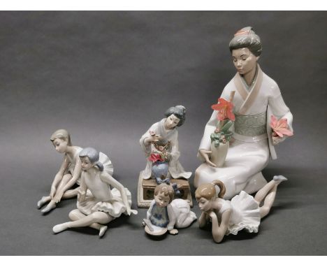 A Lladro figure of a Geisha with a vase of flowers, H. 19cm, together with a large Nao porcelain figure of a Geisha, H. 34cm,