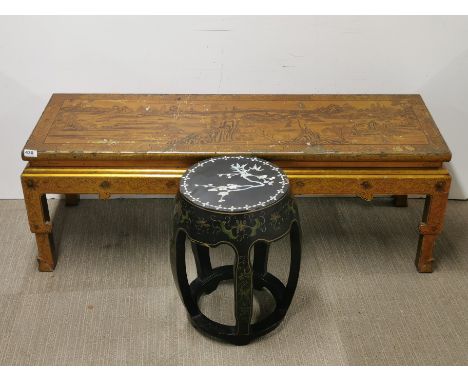 A Chinese carved and gilt elm table painted with river scenes, 43 x 135 x 47cm, together with a mother of pearl inlaid lacque