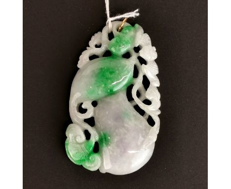 A Chinese carved jade amulet decorated with a bat, Ruyi shaped lotus and bitter gourd, L. 8.5cm.