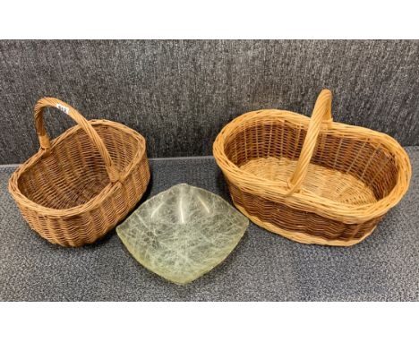 Two vintage baskets and a glass bowl.