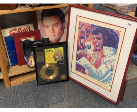 A framed pencil signed limited edition 834/1000 lithograph of Elvis Presley, print size 58 x 77cm, together with a framed spe