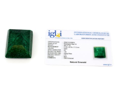 A large unmounted rectangle step cut natural emerald, approx. 200.12ct. GLI certified.