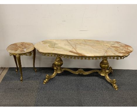 A vintage onyx topped gilt brass coffee table, L. 120cm, together with a smaller similar table.