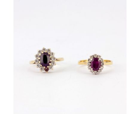 A 9ct yellow gold ruby and diamond set cluster ring together with a 9ct gold sapphire and white stone set ring (one stone mis