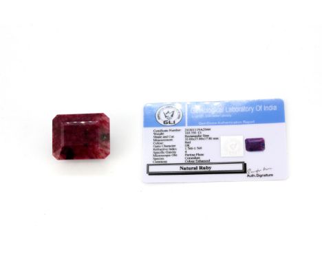 A large unmounted rectangle step cut natural ruby, approx. 165.75ct. GLI certified.