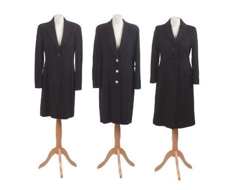 Three designer coats, to include and Emporio Armani black mid-length coat, a navy Valentino woven mid-length coat with white 