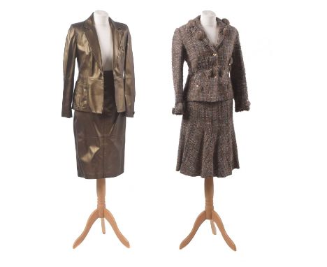 Two designer sets, to include a Max Mara metallic leather skirt and jacket, together with a blue and gold tweed skirt and jac