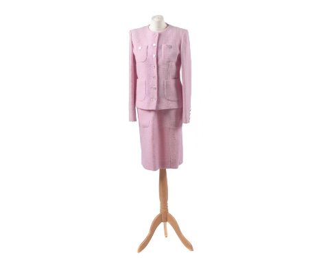  A two-piece wool set by Yves Saint Laurent, the pale pink textured wool mid length pinafore style dress, with front pocket d