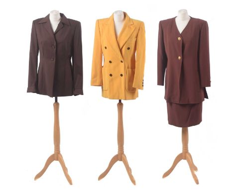 Three designer jackets, to include a yellow wool double breasted blazer by Escada, a brown jacket by Escada, and a brown two-