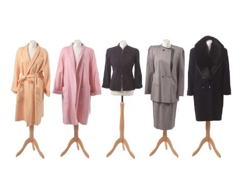 A selection of clothing by Louis Feraud, to include two 100% lambswool coats with belt and front pockets in pink and pale yel