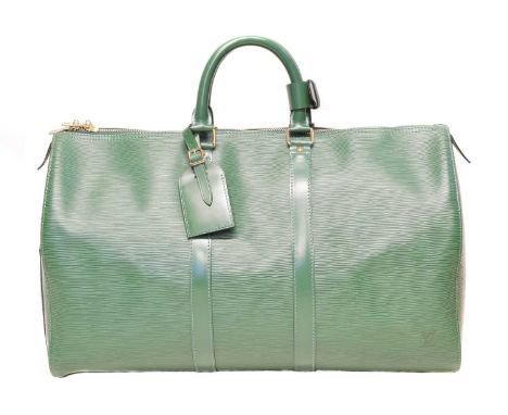 A Louis Vuitton green Epi Keepall 45 luggage bag, circa 1996, the textured green epi leather exterior with smooth leather tri