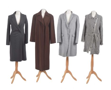 Four designer coats, to include an 84% wool grey mid- length coat by DKNY, a long brown coat by DKNY, a dark grey wool coat b