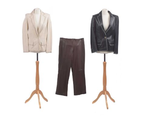 A selection of leather clothing by Mulberry, to include two leather jackets in cream and navy blue with top stitch detailing,