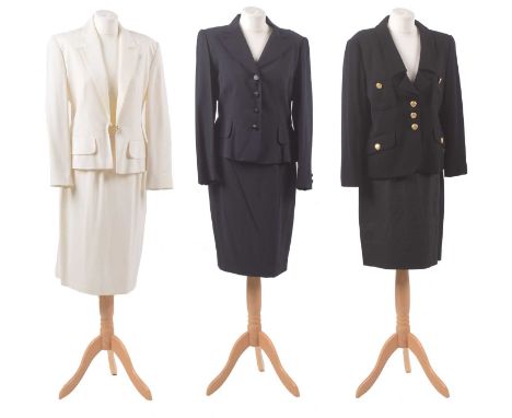 A selection of clothing by Guy Laroche, to include a navy polka dot two-piece suit, a white two-piece suit, together with a b