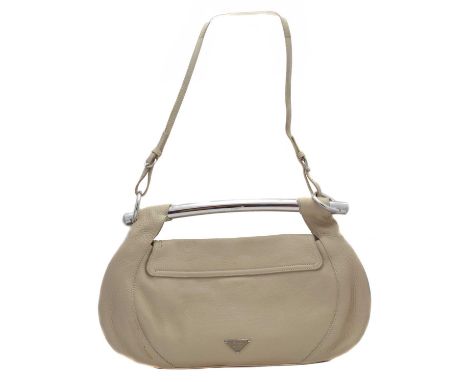 A Prada Bar Handle leather shoulder bag, the taupe grained leather exterior with maker's logo to front, silver-tone curved ba