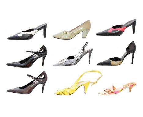 Ten pairs of designer heels, to include a pair of Escada black and purple leather court shoes, Escada lilac lizard skin heels
