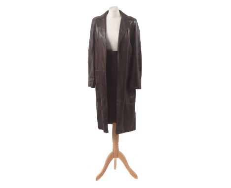 A leather coat and skirt by Mulberry, the brown mid length leather coat with accompanying leather skirt, size 8-12 (2).Condit