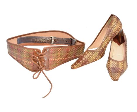 A selection of Mulberry accessories, to include a pair of woven leather heels, together with an accompanying belt, and a Ralp