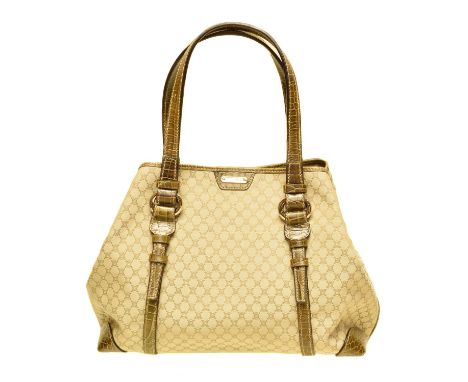 A Celine Logo Shoulder Bag, the maker's beige Macadam canvas exterior with khaki green leather strap and gold tone hardware, 