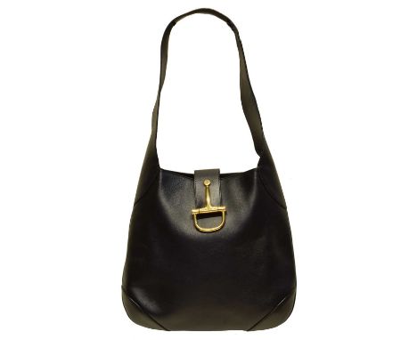 A Celine Vintage Hobo Bag, the black smooth calf leather exterior with gold tone horsebit detailing, serial no. M17-1.34x30x1