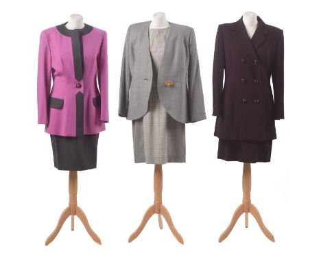 Three suits by Tomasz Starzewski, to inclide a burgundy suit comprising jacket and skirt, a pink and grey wool set comprising